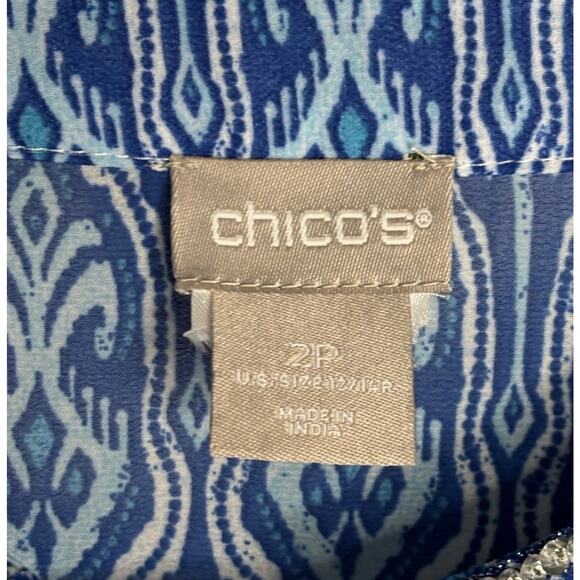 Chico’s Seaside Tunic Size 12P Sheer Rhinestones Blue White Black Blouse Beach - Picture 8 of 10